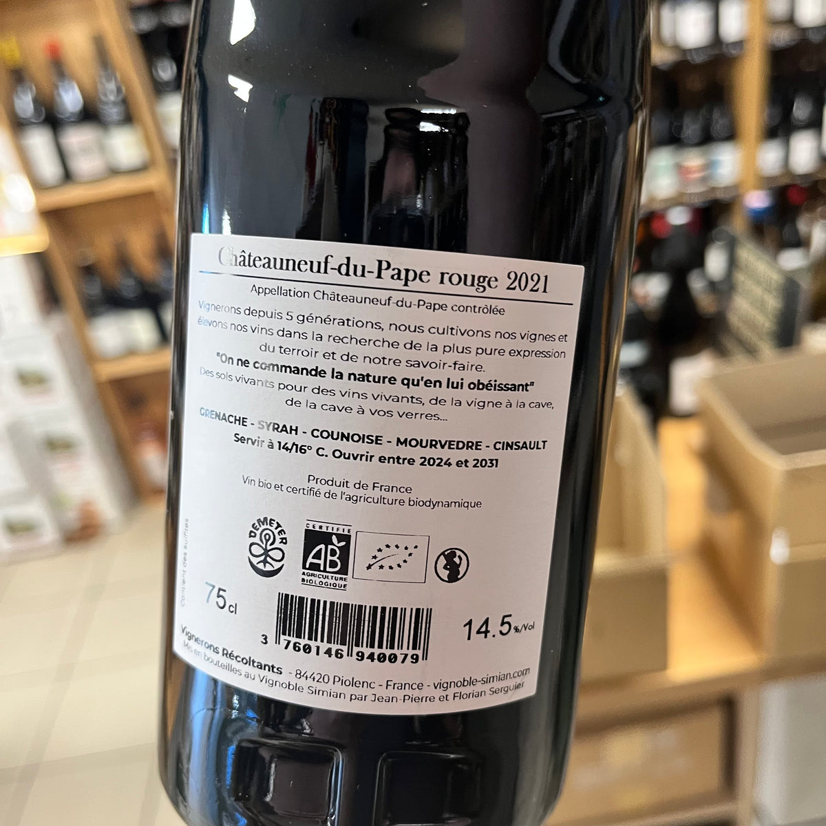 Bouteille Vin rouge Simian 2021, Côtes du Rhône — biodynamie